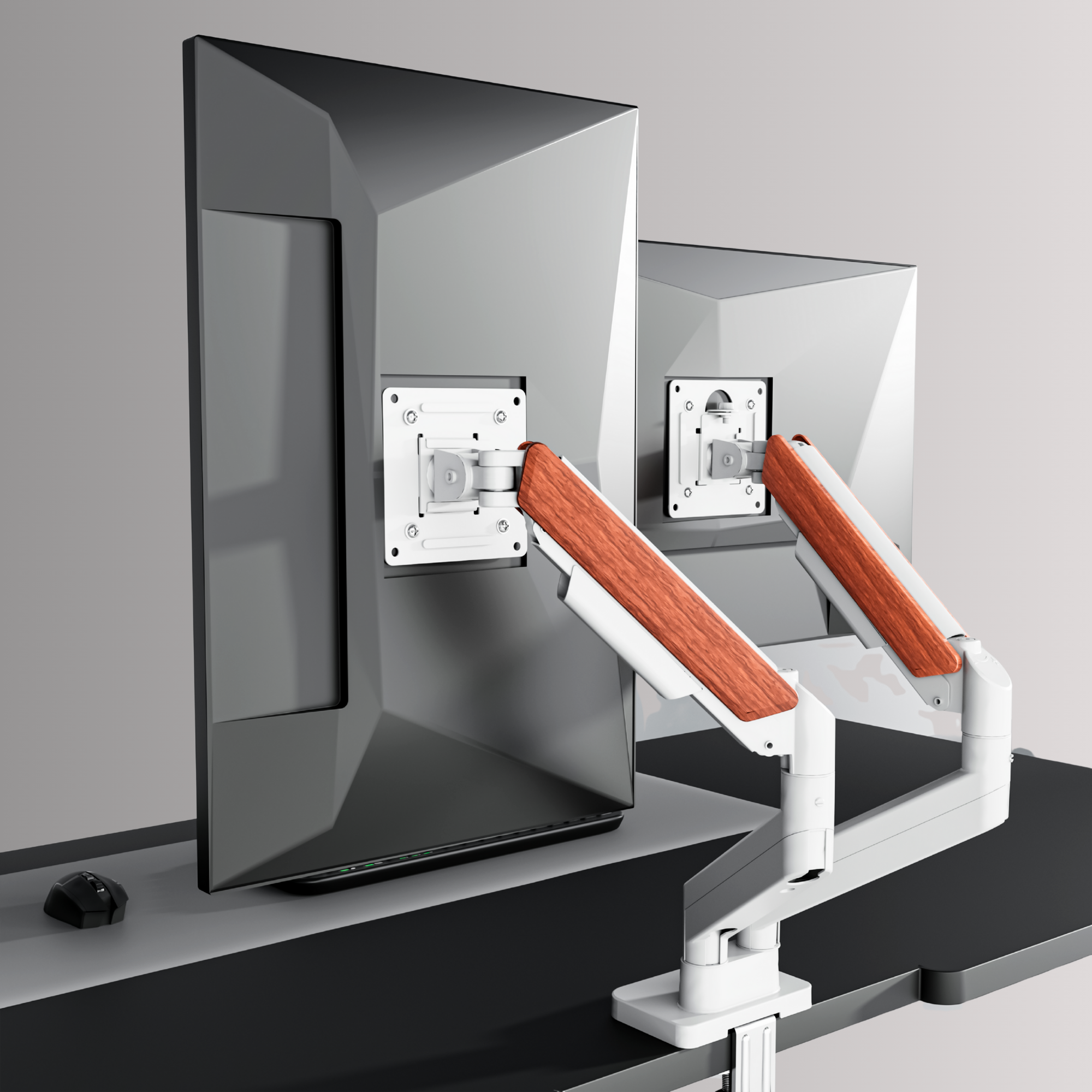Dual Wooden FlowArm rotating one arm 360 degrees to portrait orientation for vertical screen setup