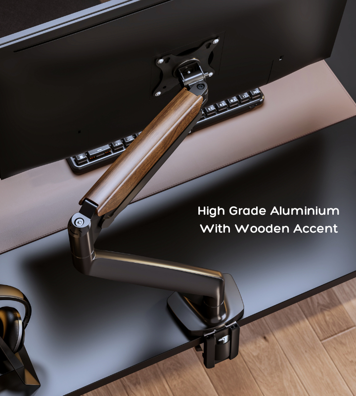 FlowArm PRO monitor arm side profile showing independent arm tilt, swivel, and height adjustment