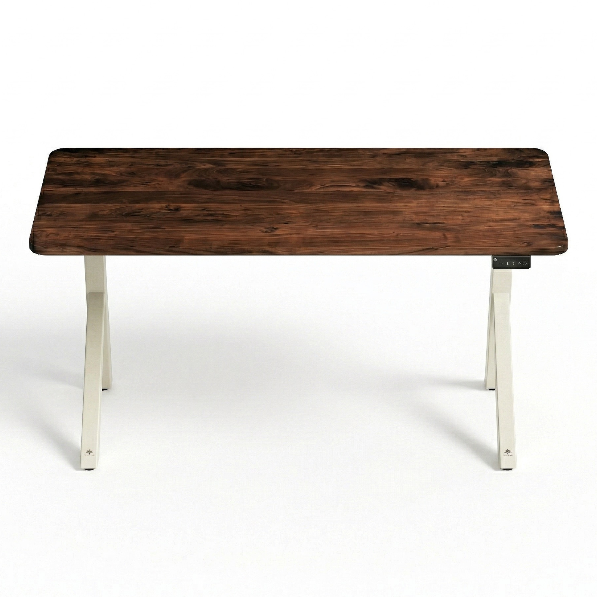 FlowDesk Aero white frame front-facing view, dark walnut solid wood surface with LED sit-to-stand control panel visible