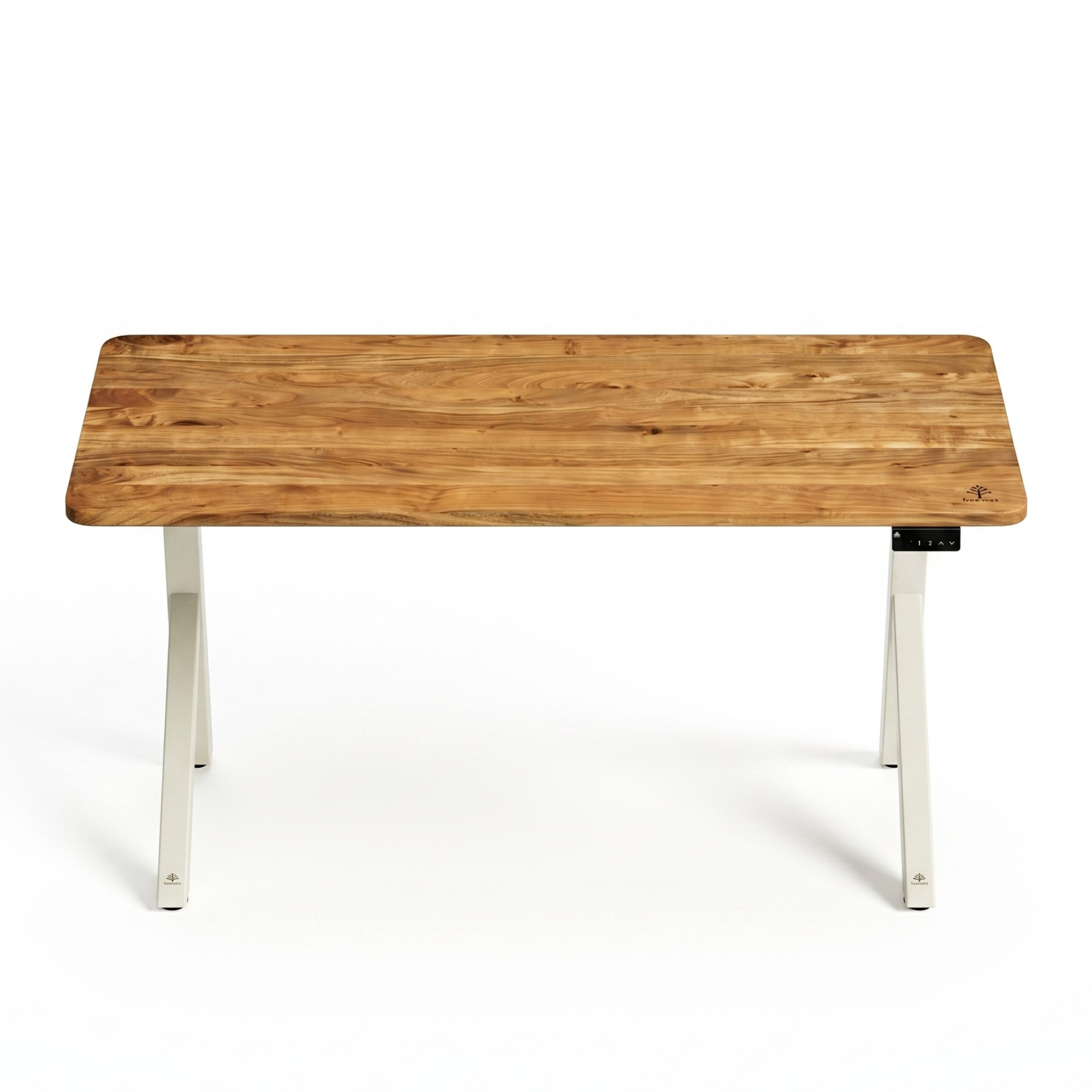 FlowDesk Aero white Y-shape frame front view, warm natural acacia solid wood top — electric height adjustable standing desk India