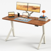 FlowDesk Aero white frame lifestyle setup with FlowArm dual monitor arm, MacBook, tablet, pen holder and desk accessories