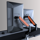 Dual Wooden FlowArm premium wood and metal dual monitor arm with two screens mounted, India