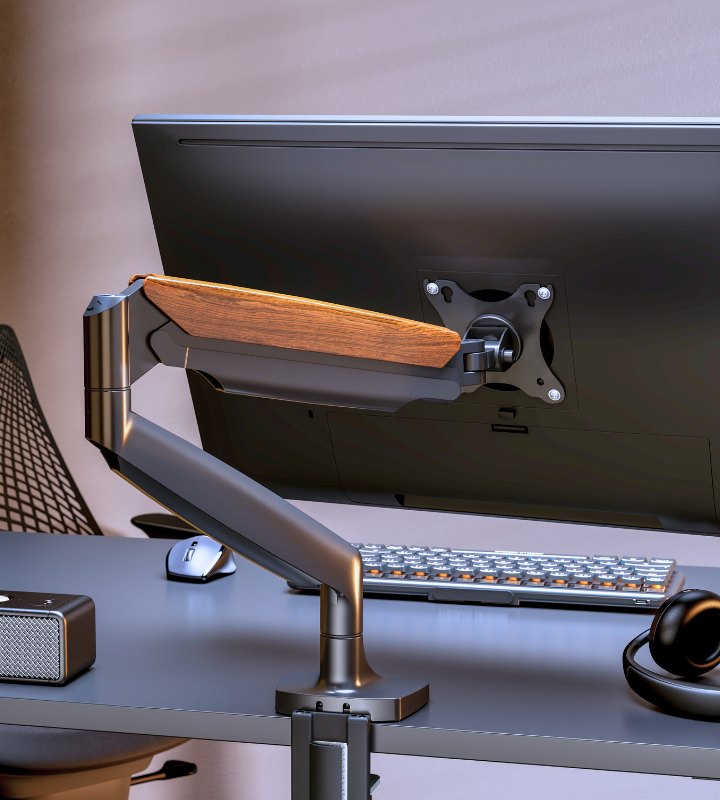 FlowArm PRO monitor arm side profile showing independent arm tilt, swivel, and height adjustment