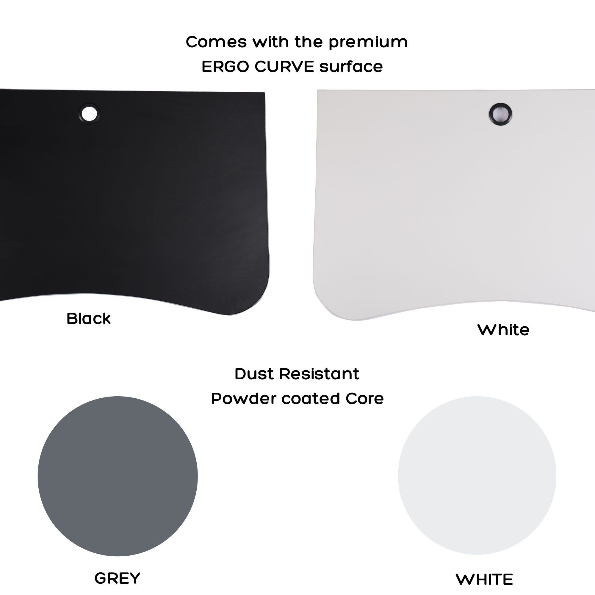 Ergonomic desk with curved edge surface and powder coated frame in grey and white