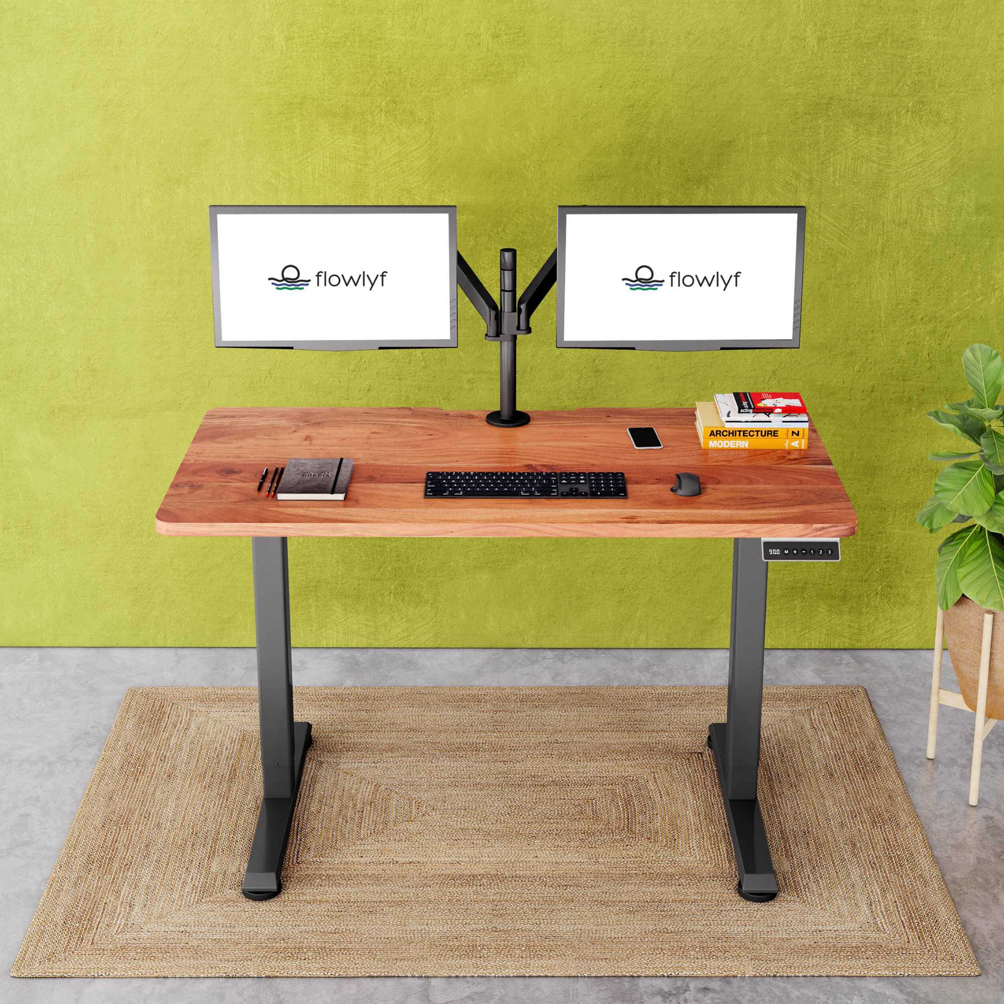 FlowDesk GO 2-stage single motor standing desk in pecan wood table top and grey finish frame with stable ergonomic design