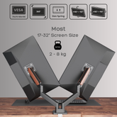 Dual Wooden FlowArm dimension diagram showing dual arm reach, height range, and weight capacity per arm