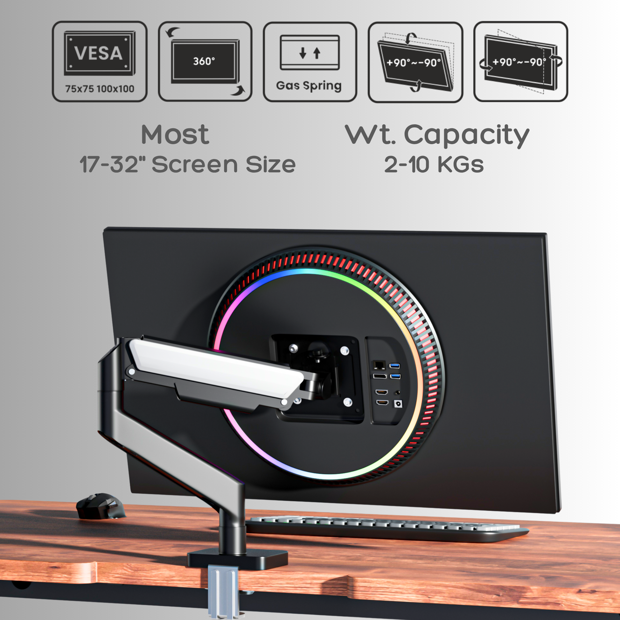 FlowArm Monochrome dimension diagram showing height range, arm reach, and 8kg weight capacity specs