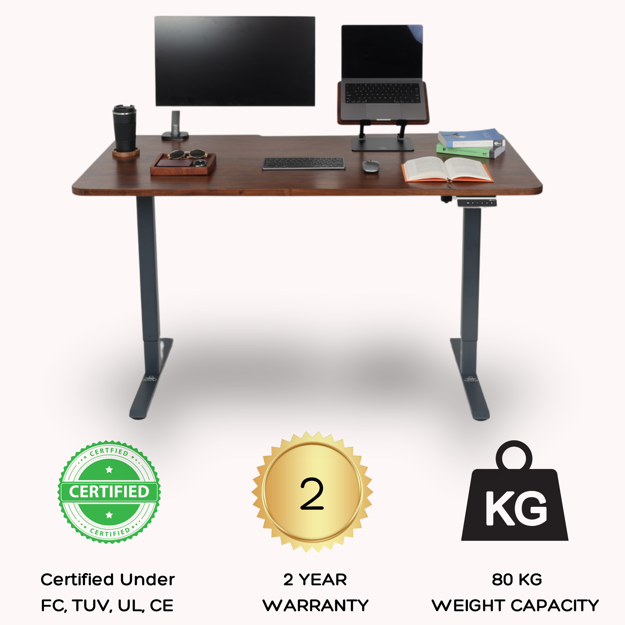 FlowDesk GO Max height adjustable desk with solid wood top, dual monitor setup, 80 kg capacity, and 2 year warranty