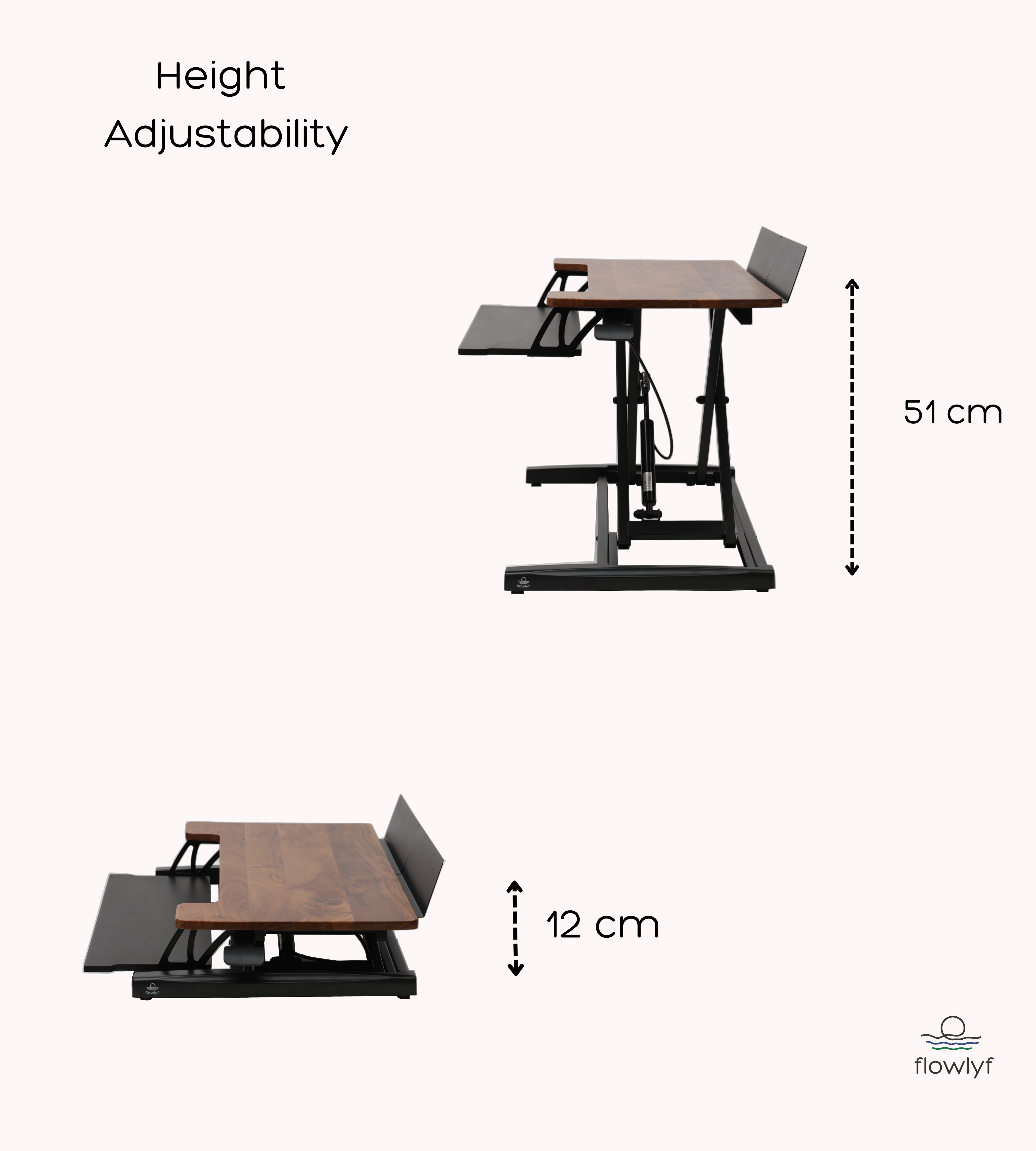Sit-stand desk converter with adjustable height from 12 cm to 51 cm and wooden surface