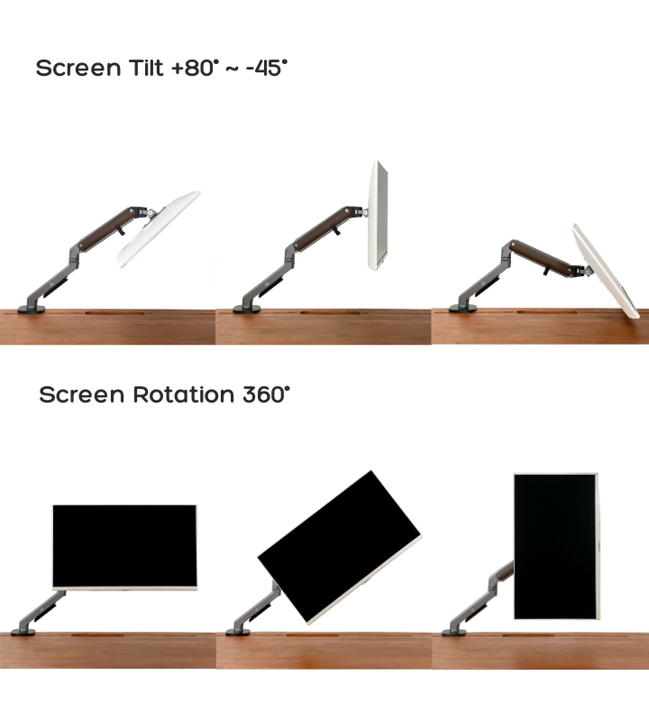 FlowArm monitor arm rotating 360 degrees to portrait orientation for vertical screen use