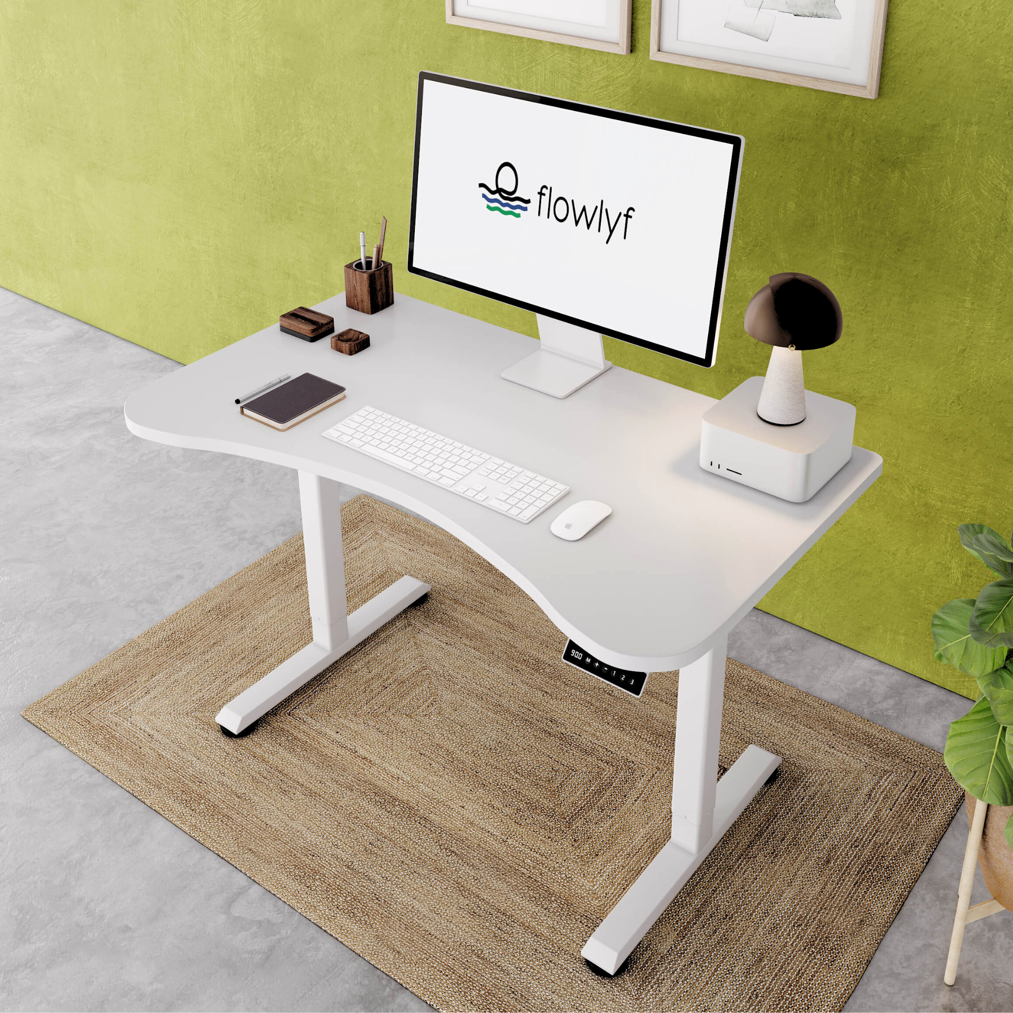 FlowDesk GO 2-stage single motor standing desk with white engineered wood table top and white finish frame with stable ergonomic design