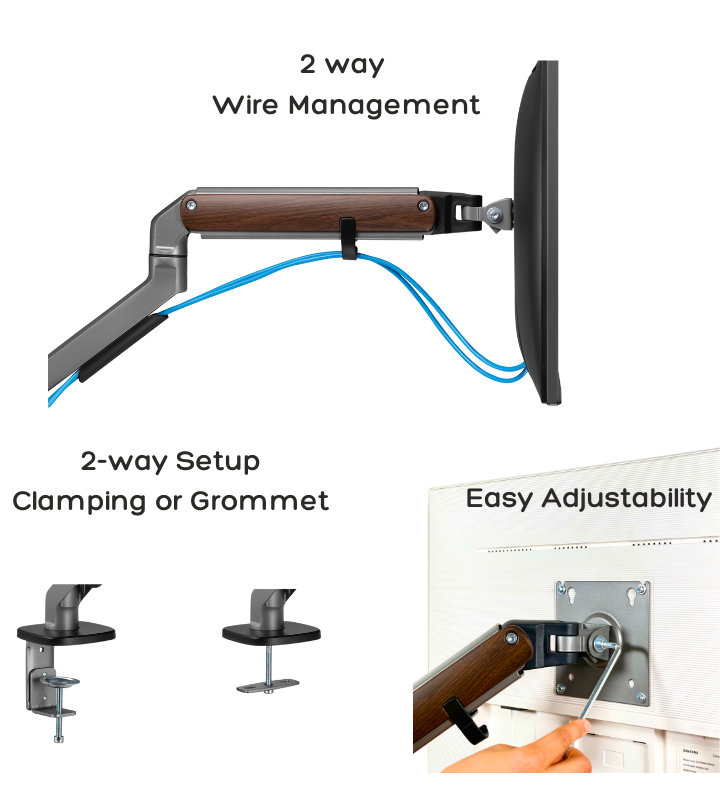 FlowArm cable management channel routing monitor and power cables along the arm neatly and out of sight