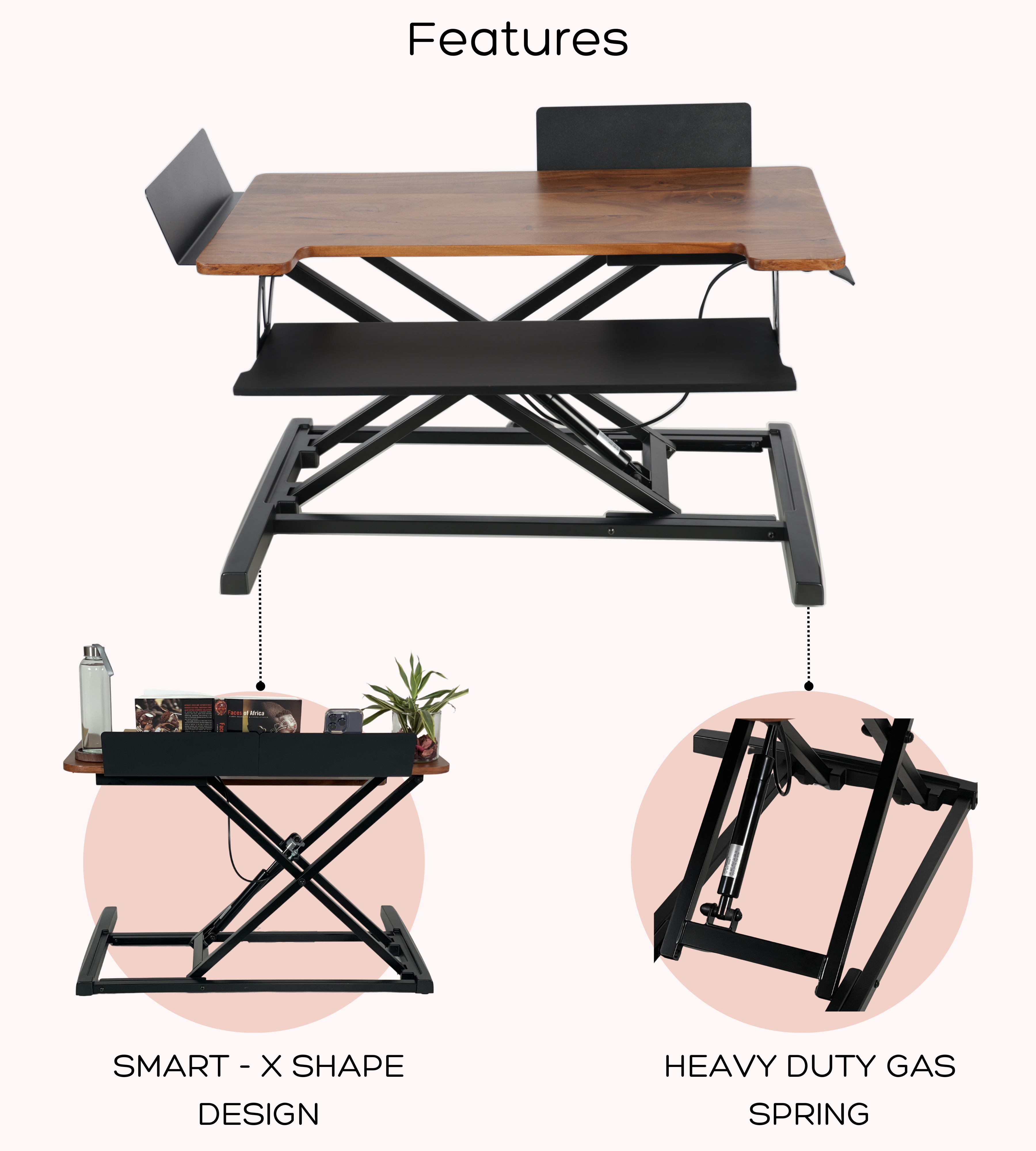 Flowlyf standing desk converter with compact design, strong frame, and smooth height adjustment mechanism