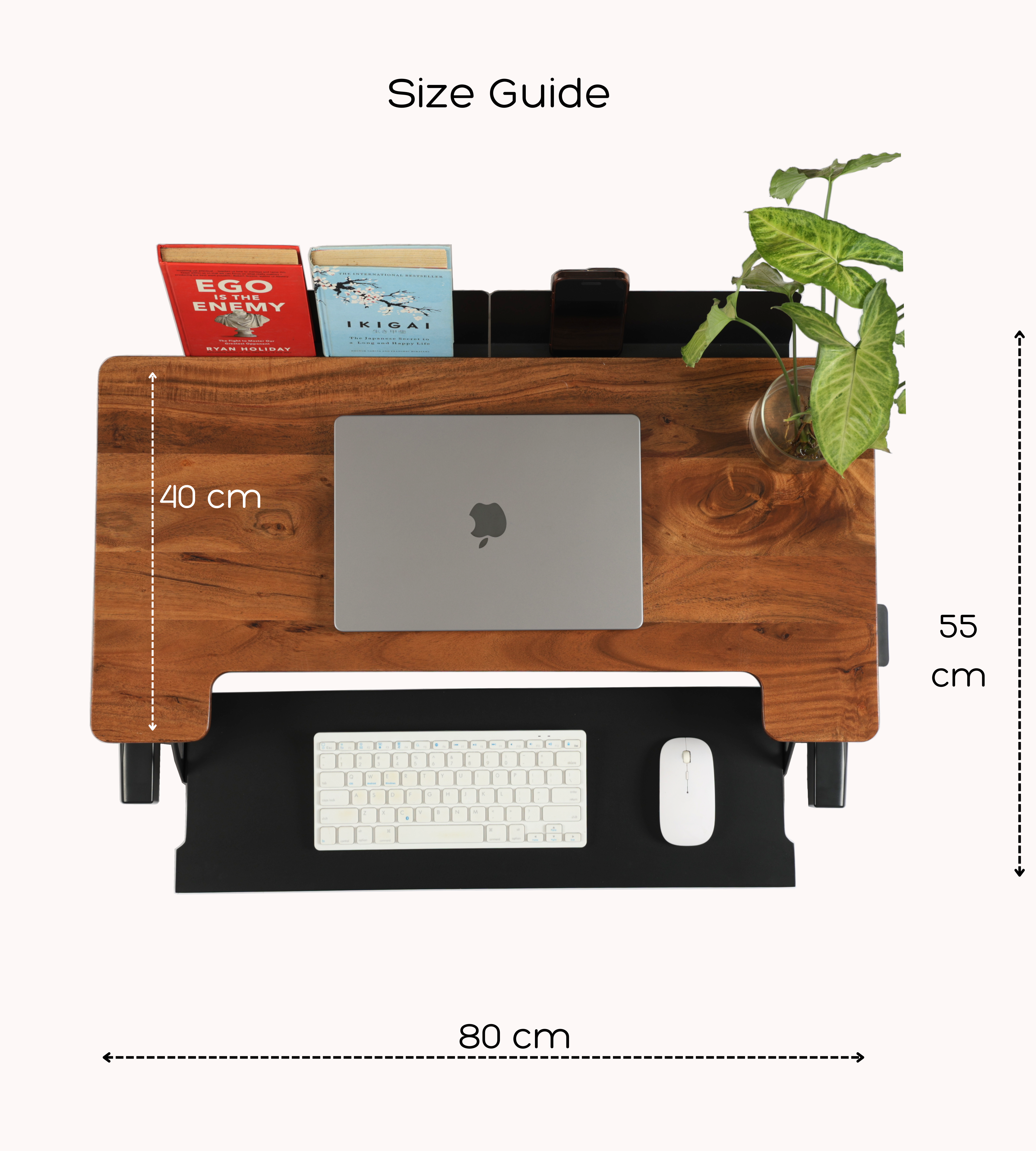 Flowlyf adjustable desk riser with 80 x 55 cm workspace, wooden surface, and separate keyboard tray