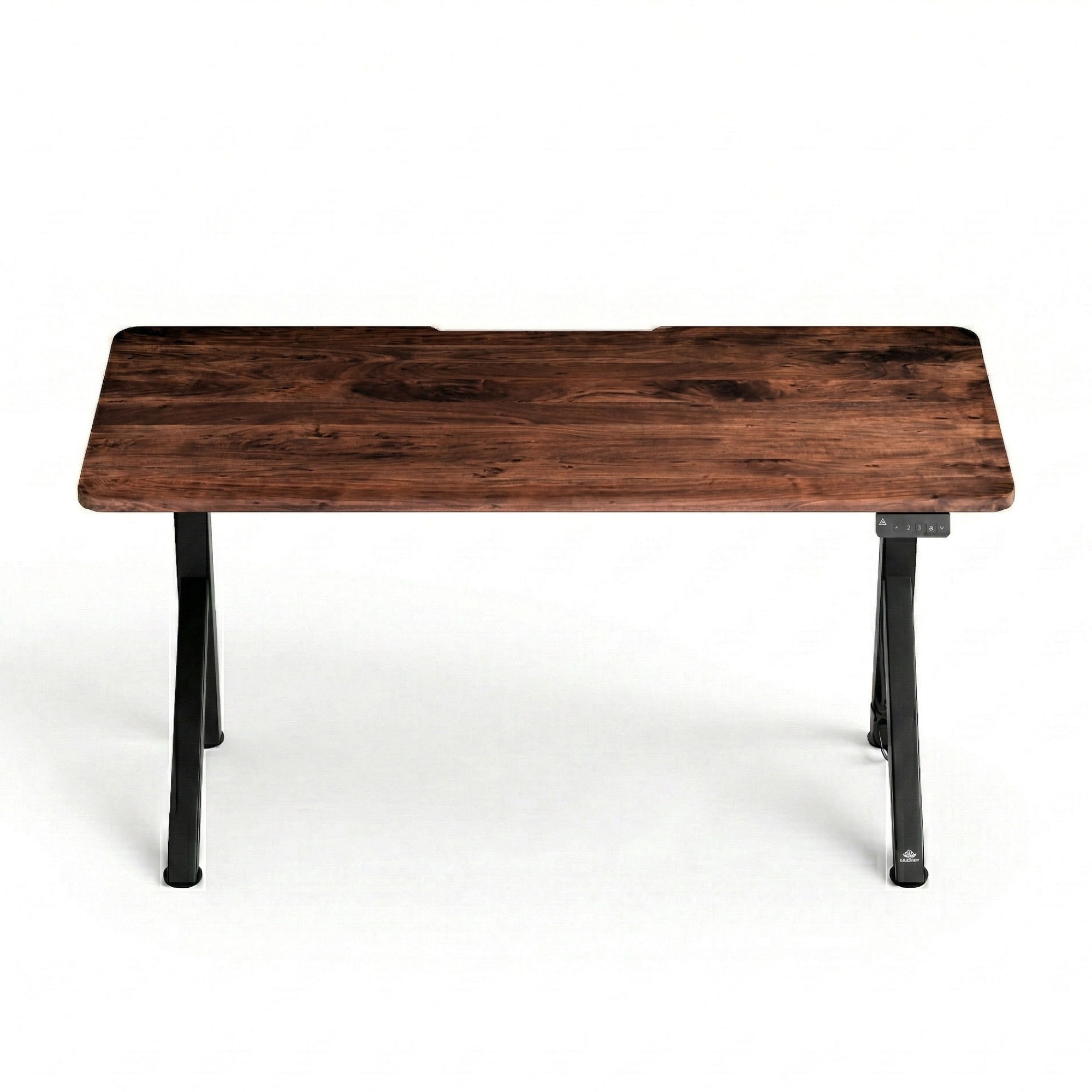FlowDesk Aero electric standing desk black Y-shape frame, dark burnt walnut solid wood top — front-facing view on white background