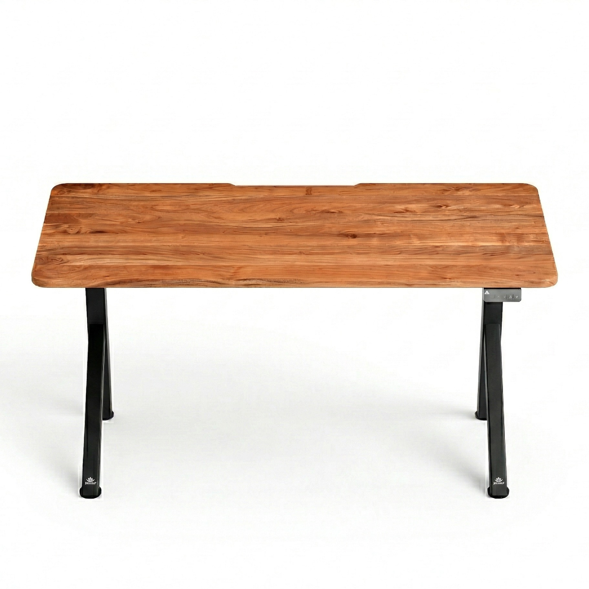 FlowDesk Aero black frame height adjustable desk, warm natural acacia tabletop — front view showing open Y-leg profile