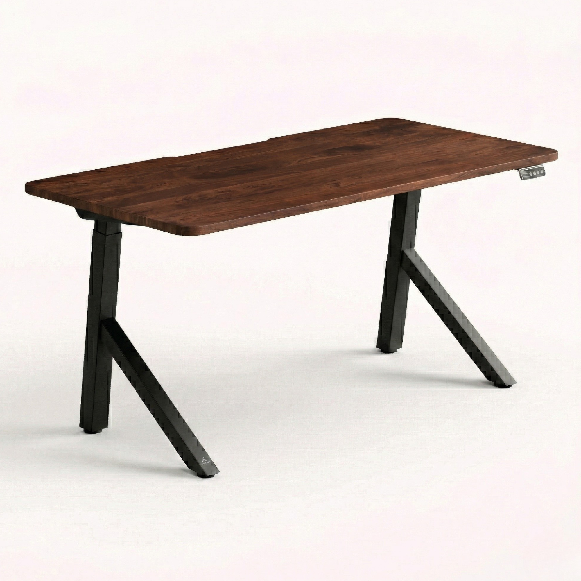 FlowDesk Aero black powder-coated Y-shape frame, dark walnut wood top — angled 3/4 perspective on white background