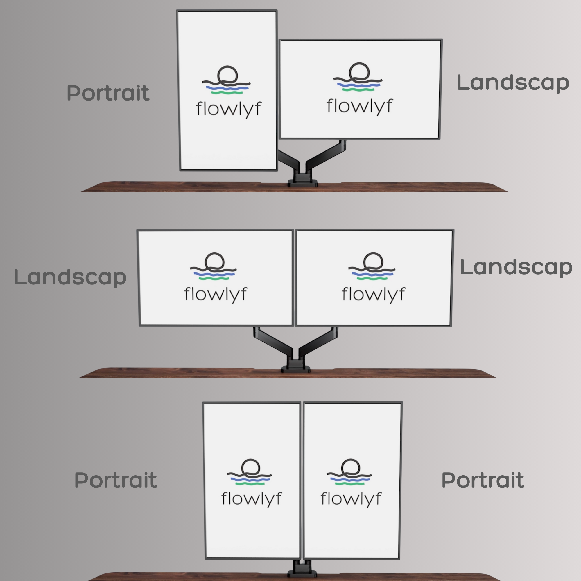 Adjustable dual monitor arm showing portrait and landscape modes with 360 degree screen rotation