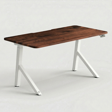 FlowDesk Aero electric standing desk white Y-shape frame, dark walnut solid wood top — angled 3/4 view on white background