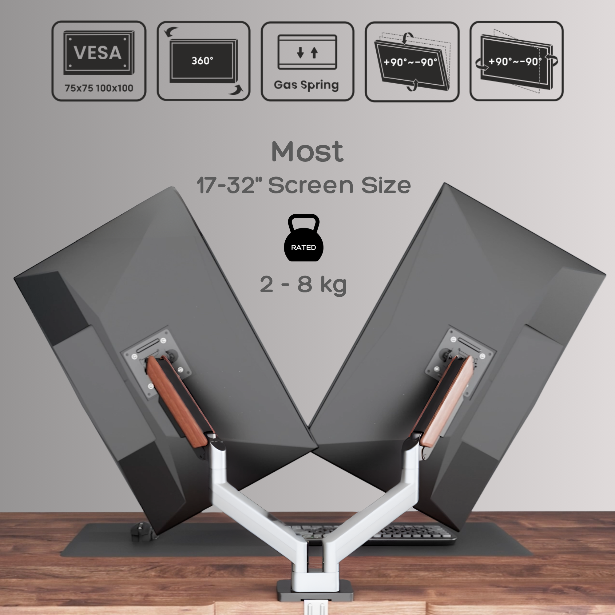 Dual Wooden FlowArm specs showing dual arm VESA compatibility, 360 degree  rotation, Gas spring mechanism etc