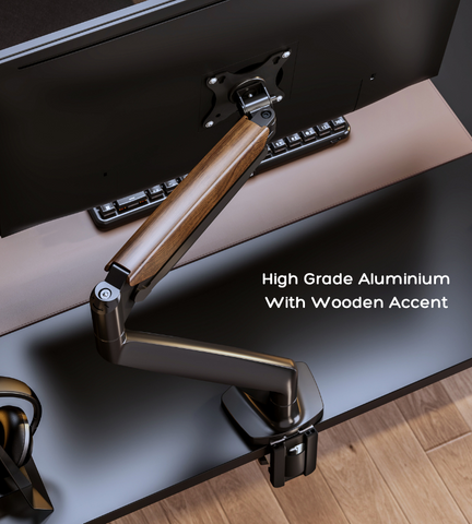 FlowArm PRO monitor arm side profile showing independent arm tilt, swivel, and height adjustment