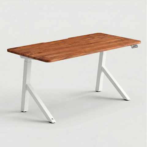FlowDesk Aero white frame height adjustable desk, natural light acacia tabletop — angled perspective view on white background