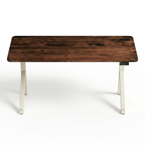 FlowDesk Aero white frame front-facing view, dark walnut solid wood surface with LED sit-to-stand control panel visible