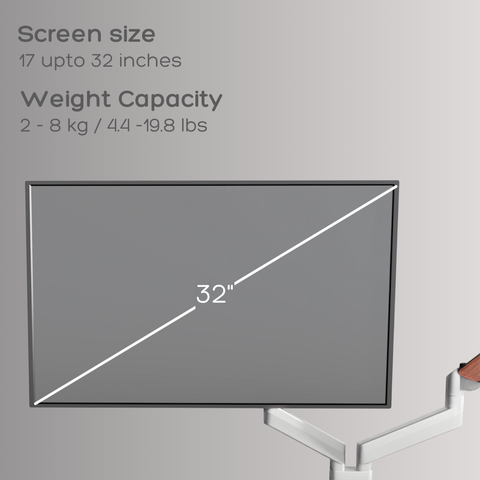 Monitor arm supporting 17 to 32 inch screen with 2 to 8 kg weight capacity