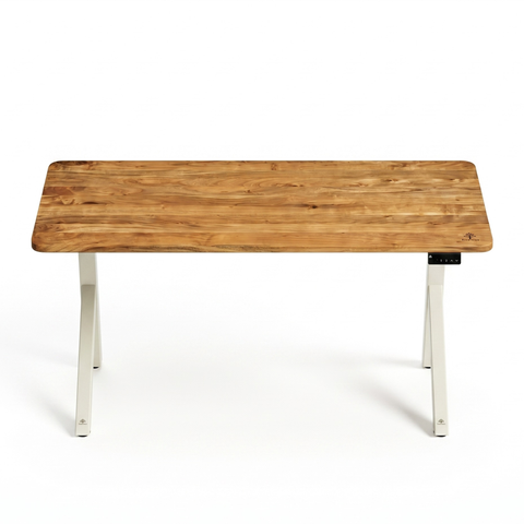 FlowDesk Aero white Y-shape frame front view, warm natural acacia solid wood top — electric height adjustable standing desk India