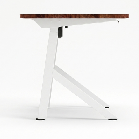 FlowDesk Aero white frame side-profile close-up of open Y-shape steel leg, diagonal brace and electric lifting column detail