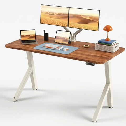 FlowDesk Aero white frame lifestyle setup with FlowArm dual monitor arm, MacBook, tablet, pen holder and desk accessories