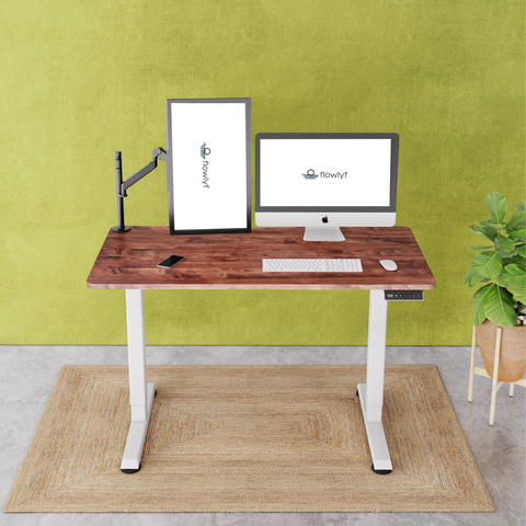 FlowDesk GO 2-stage single motor standing desk in walnut wood table top and white finish frame with stable ergonomic design