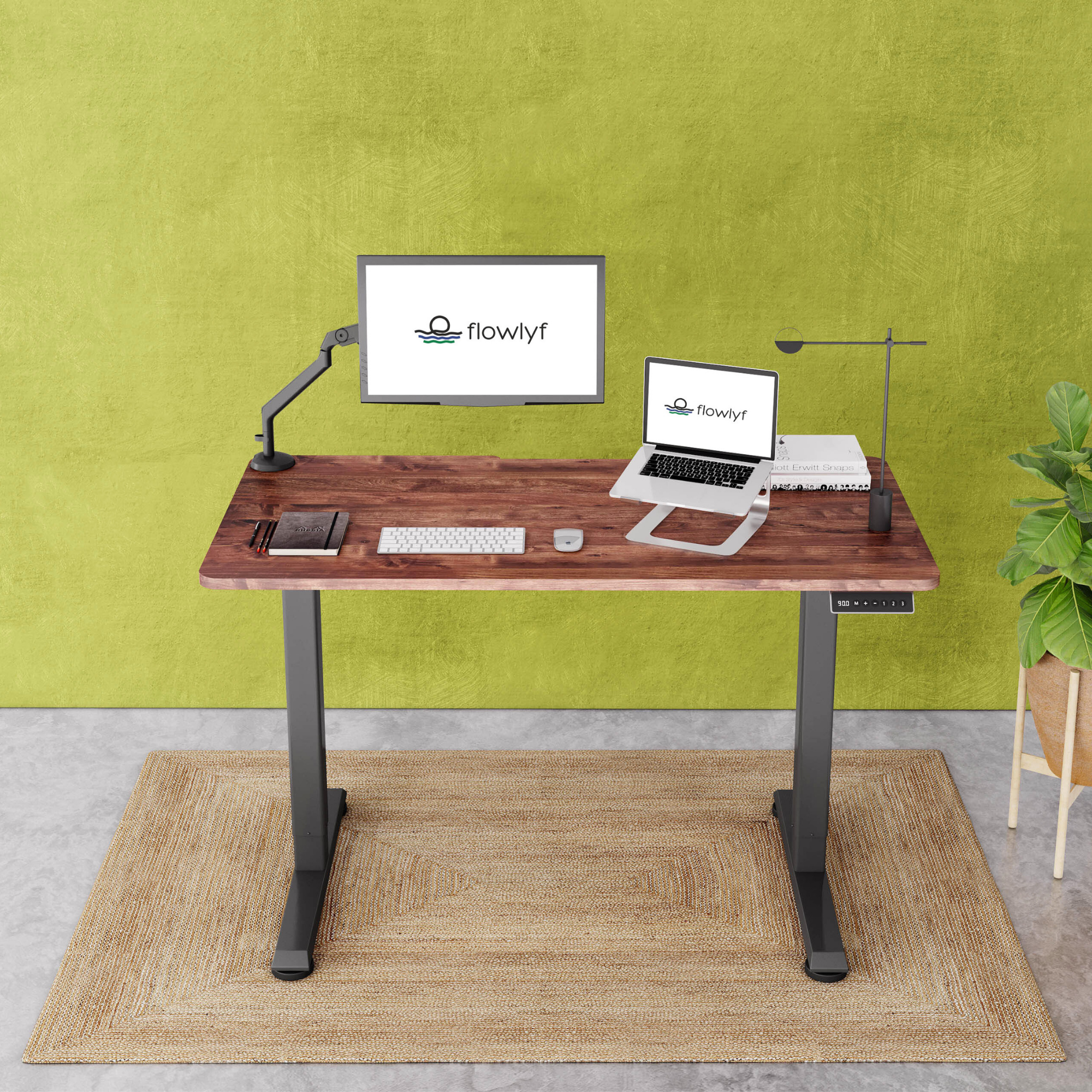 FlowDesk GO 2-stage single motor standing desk in walnut wood table top and grey finish frame with stable ergonomic design