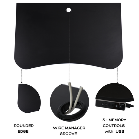 Ergonomic desk top with rounded edge, built-in cable grommet, and touch control panel with presets