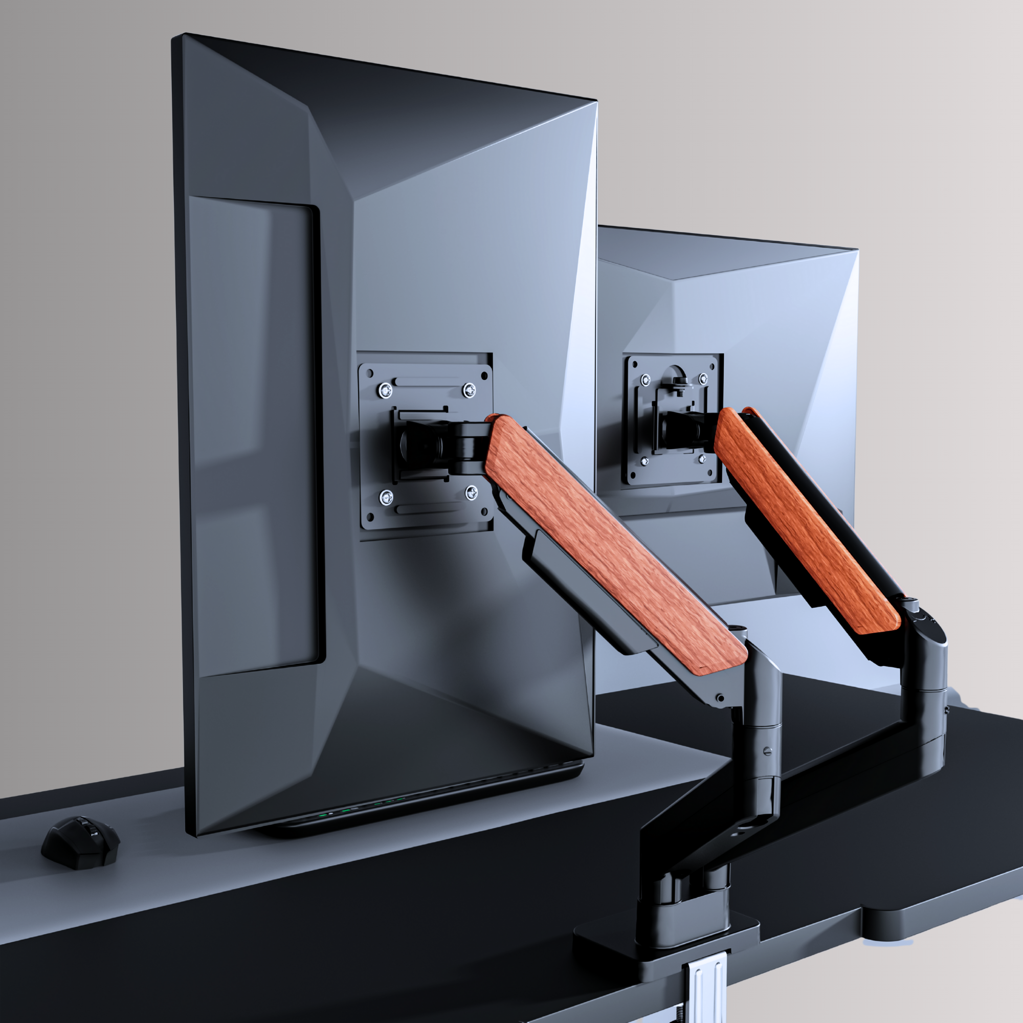 Dual Wooden FlowArm premium wood and metal dual monitor arm with two screens mounted, India