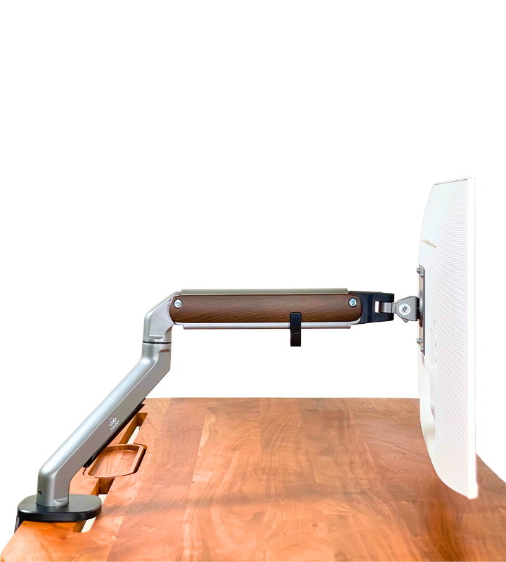 FlowArm monitor arm side profile showing full tilt, swivel, and height adjustment range