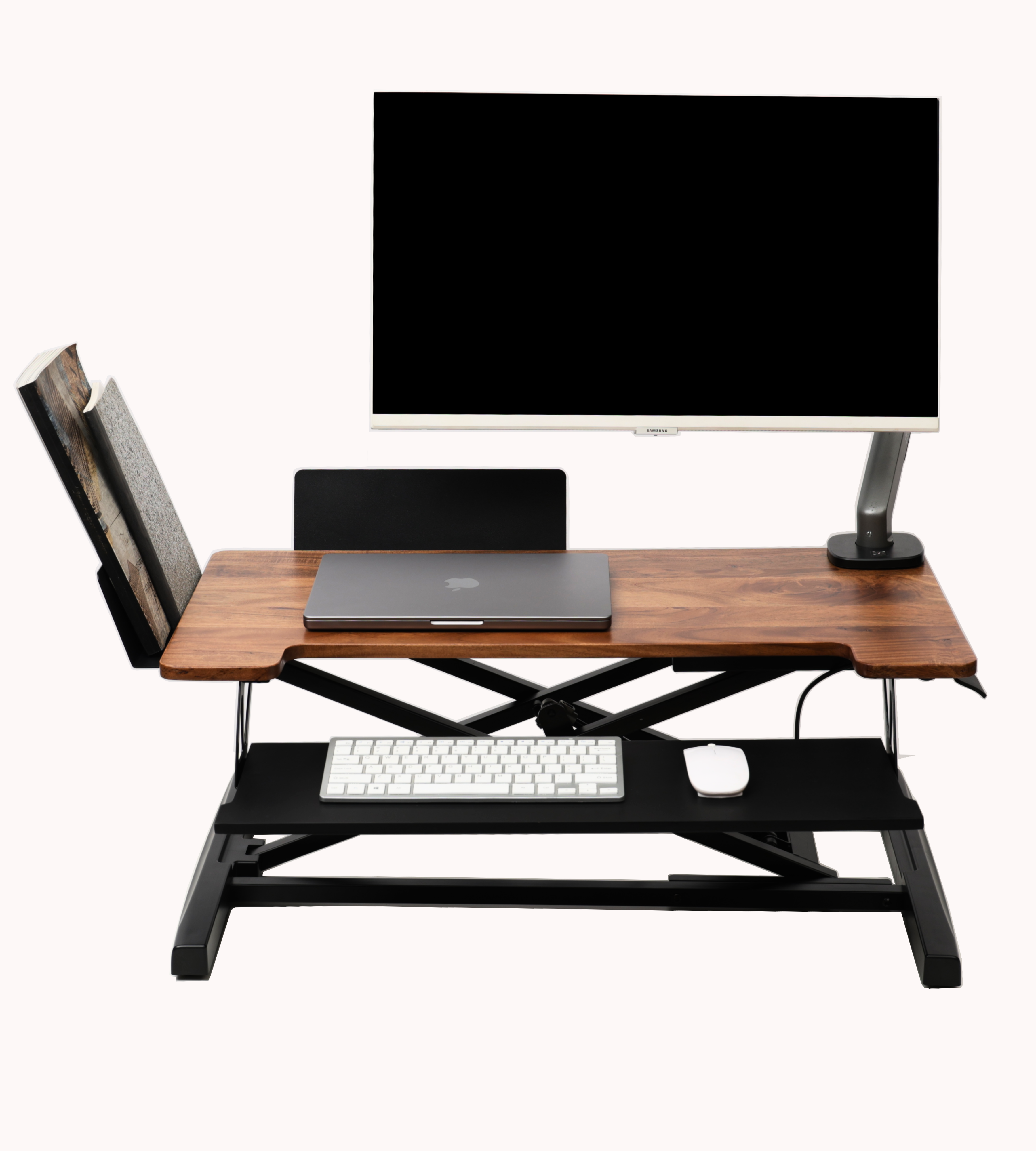 Wooden Standing Desk Converter on regular office desk in home office, sit-stand riser India Flowlyf