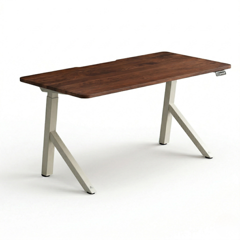 Flowlyf FlowDesk Aero electric standing desk — beige Y-shape steel frame, dark walnut solid acacia wood top, angled 3/4 view on white background