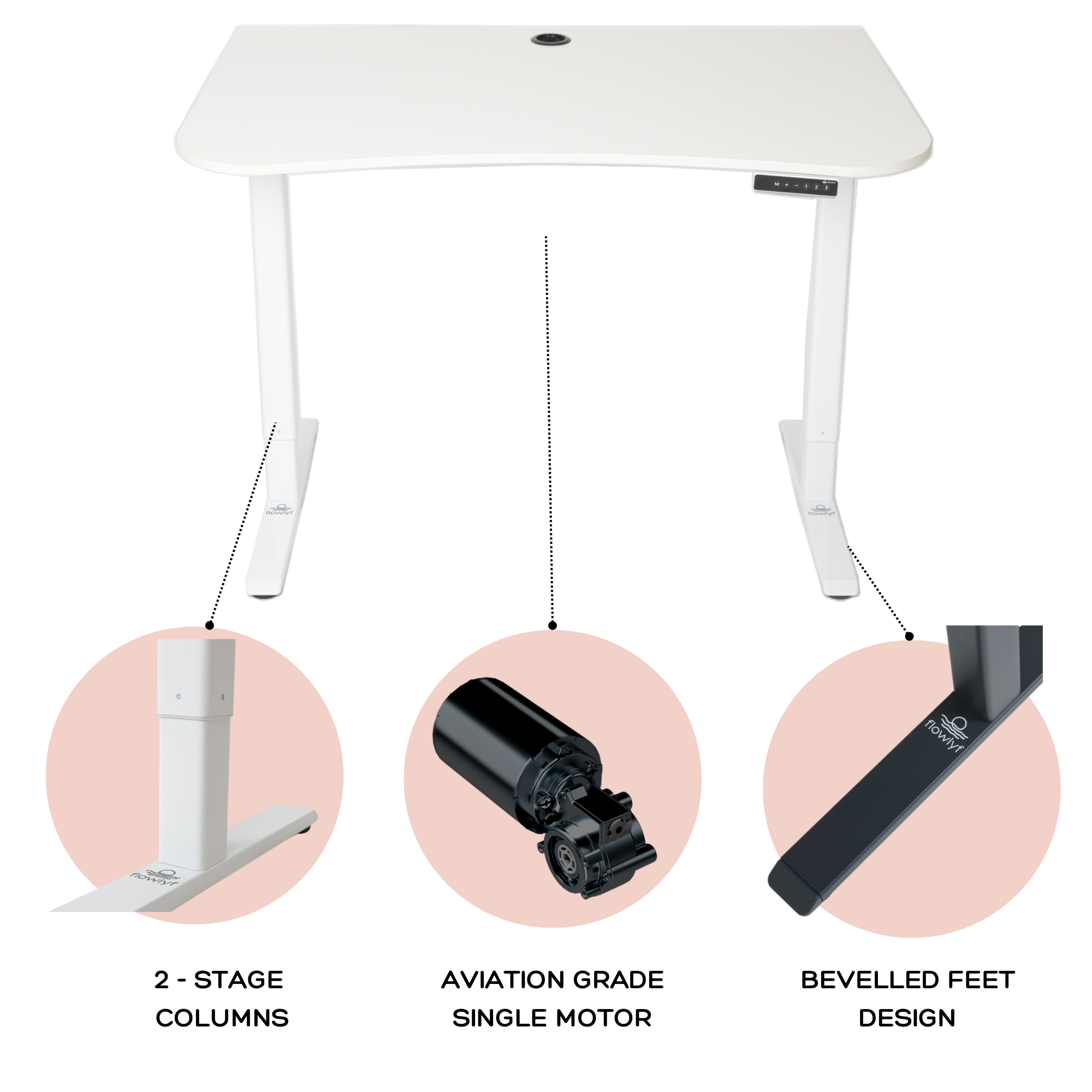 Ergonomic standing desk with solid wood finish, 2-stage legs, and aviation grade motor system