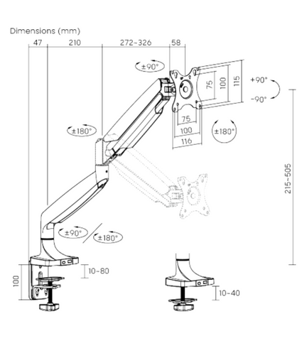 FlowArm PRO dimension diagram showing arm reach, height range, and weight capacity of 16kg