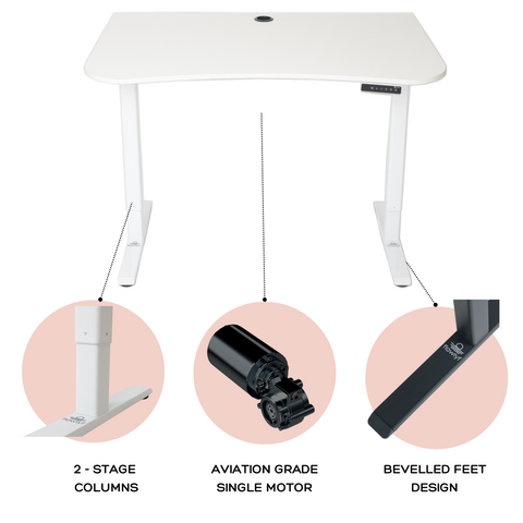 Ergonomic standing desk with solid wood finish, 2-stage legs, and aviation grade motor system