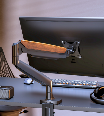 FlowArm PRO monitor arm side profile showing independent arm tilt, swivel, and height adjustment