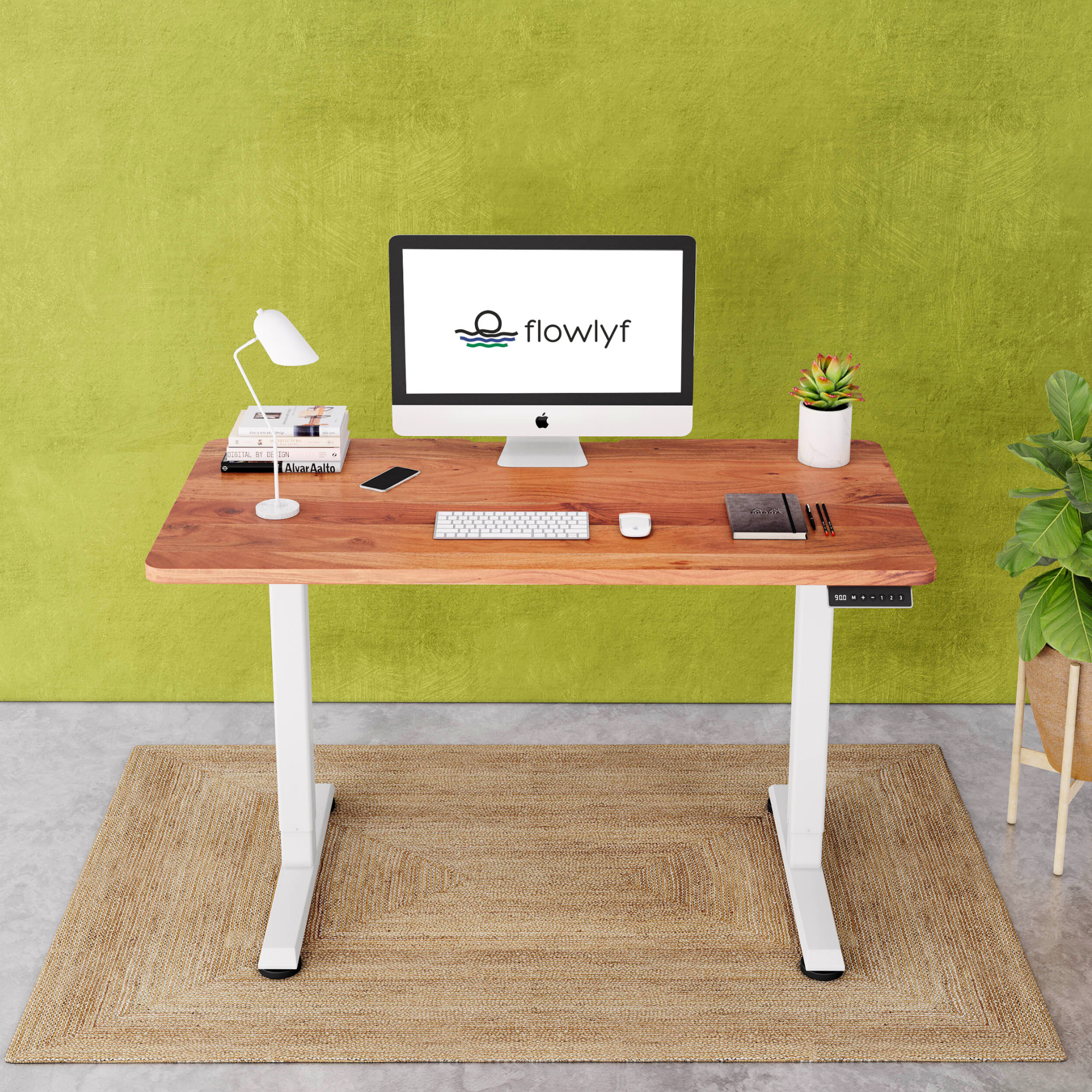 FlowDesk GO 2-stage single motor standing desk in pecan wood table top and white finish frame with stable ergonomic design