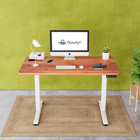 FlowDesk GO 2-stage single motor standing desk in pecan wood table top and white finish frame with stable ergonomic design