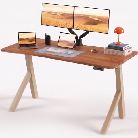 FlowDesk Aero beige in styled home office with FlowArm dual monitor arm, MacBook, tablet, keyboard and desk accessories — lifestyle shot