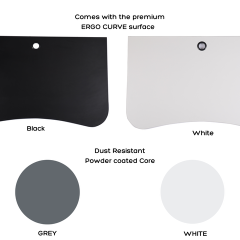 Ergonomic desk with curved edge surface and powder coated frame in grey and white