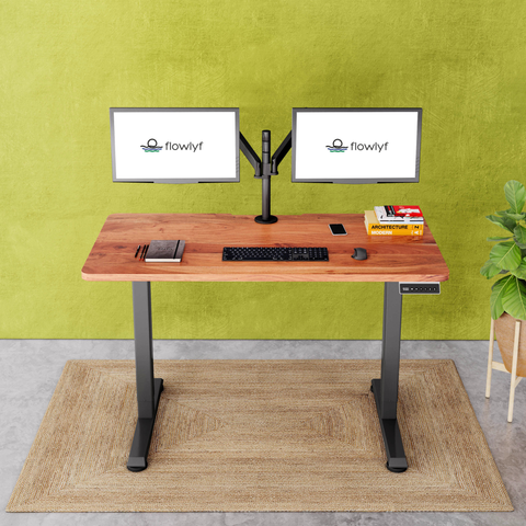 FlowDesk GO 2-stage single motor standing desk in pecan wood table top and grey finish frame with stable ergonomic design