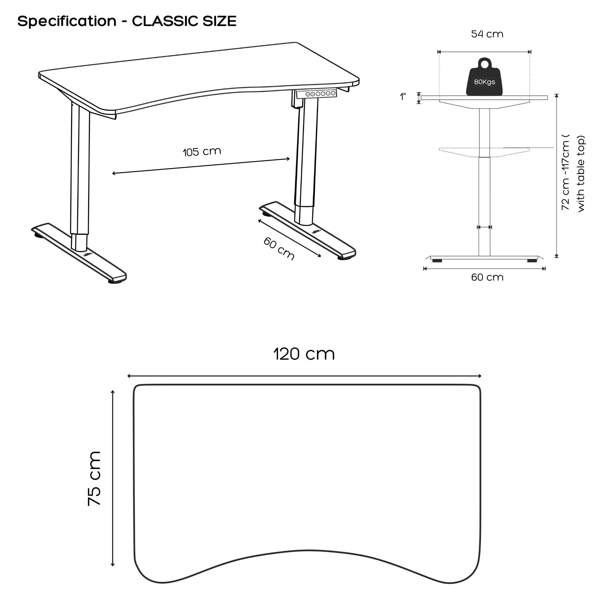 Single motor standing desk specification showing 120 x 75 cm tabletop, and adjustable height range 72-117cm