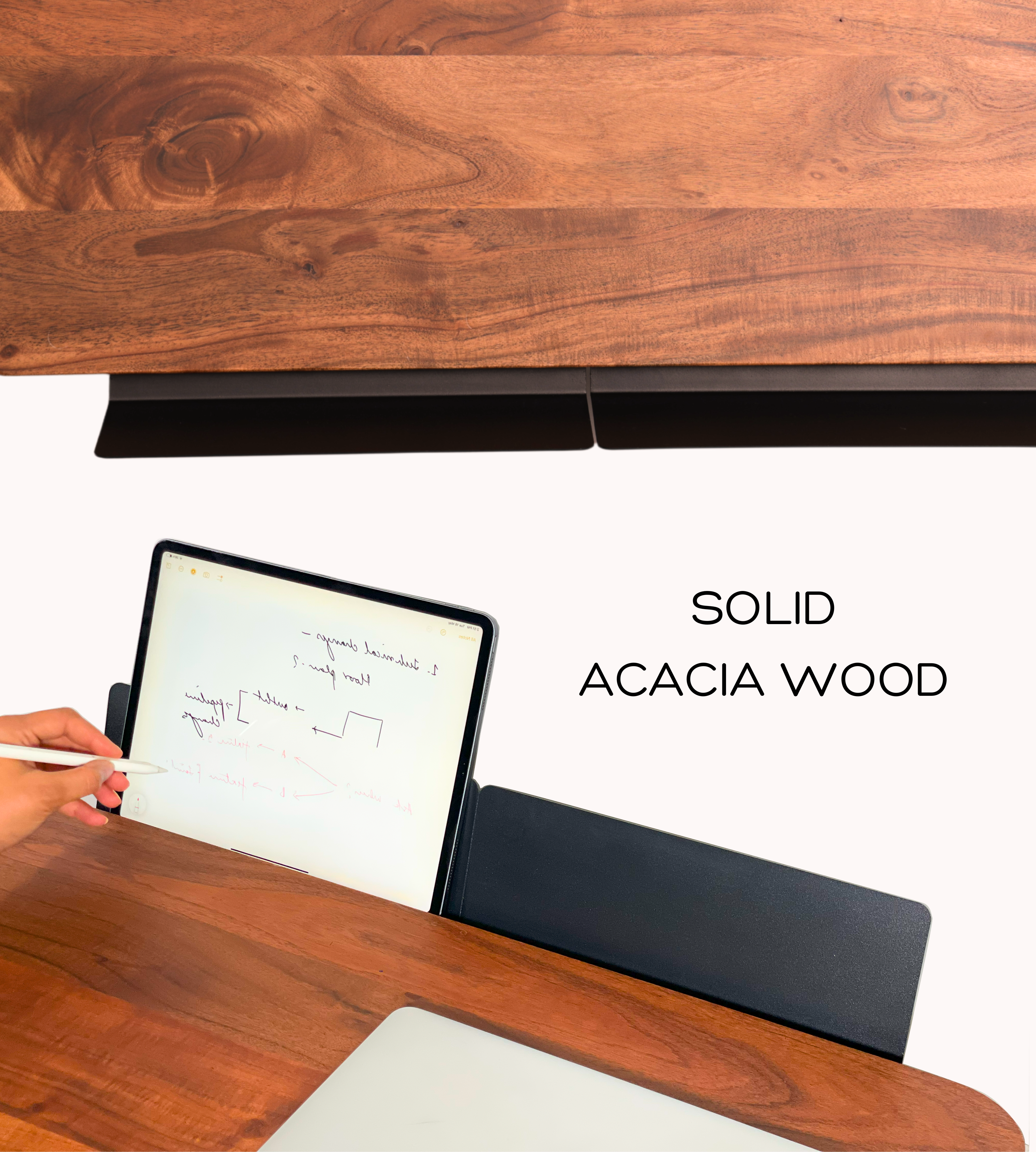 Wooden Standing Desk Converter natural wood platform surface close-up showing premium grain and finish