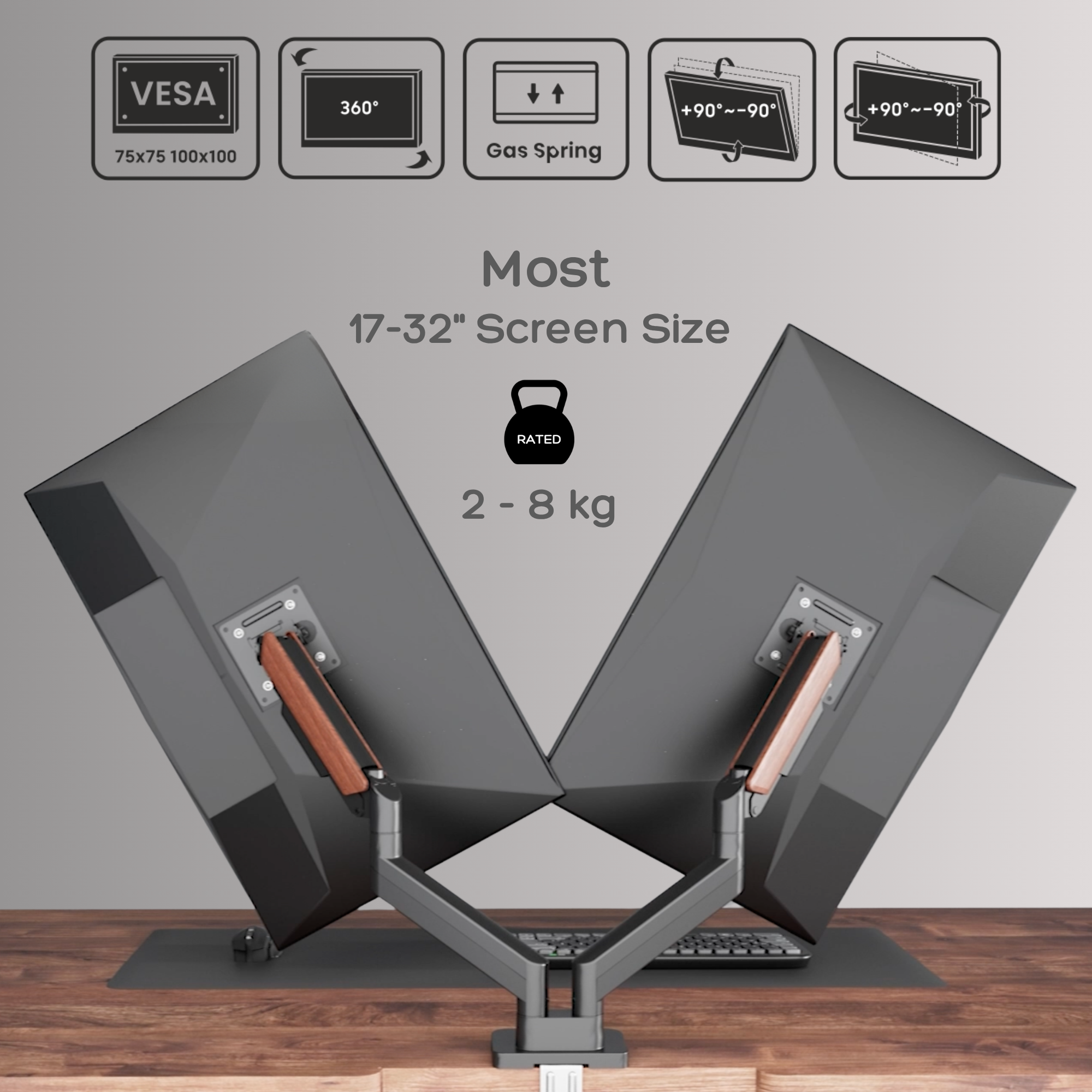 Dual Wooden FlowArm dimension diagram showing dual arm reach, height range, and weight capacity per arm